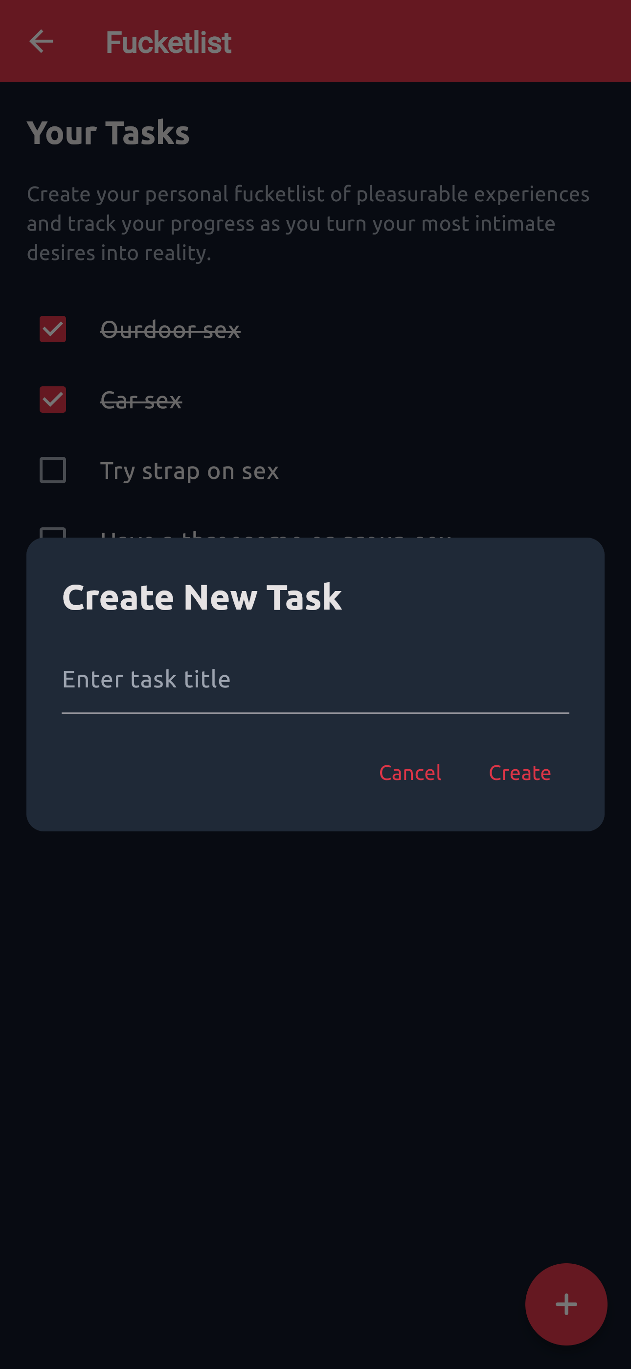 Fucketlist Page Create Task Modal