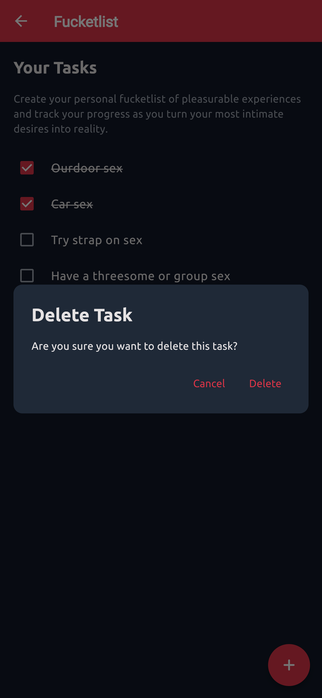 Fucketlist Page Delete Task Modal